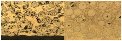 Laser Hardfacing micrographs of T-Carbide, [Left] Crushed WC particles in 30 HRC matrix, [right] Spherical WC particle in a 40 HRC matrix 