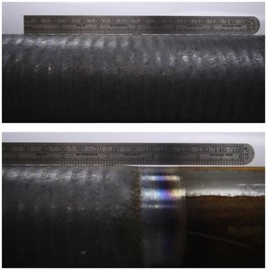 Diode laser “AS” clad morphology [top] and thickness [bot.  0.030”] 309 SS on SA-210 P1 2.25” OD x 0.3”  MWT wall